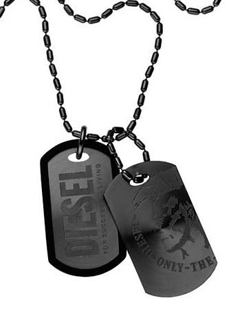 Diesel Kette mit Anhänger Schmuck Edelstahl Halsschmuck Kugelkette DOG TAG  (Set, 3-tlg), zu Hoodie, Shirt, Jeans, Sneaker, Underwear, Parfüm -  Geschenk!, Aus schwarz IP-beschichtetem Edelstahl und Kunststoff