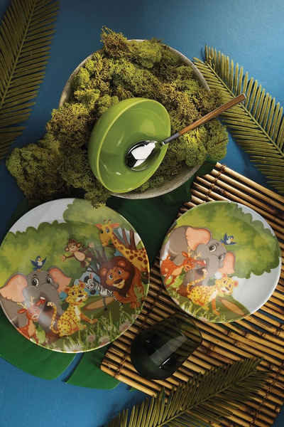 Kütahya Porzellan Tafelservice Kinder Natur 3'er Teller / Geschirr Set mit Tiermuster, 1-Person