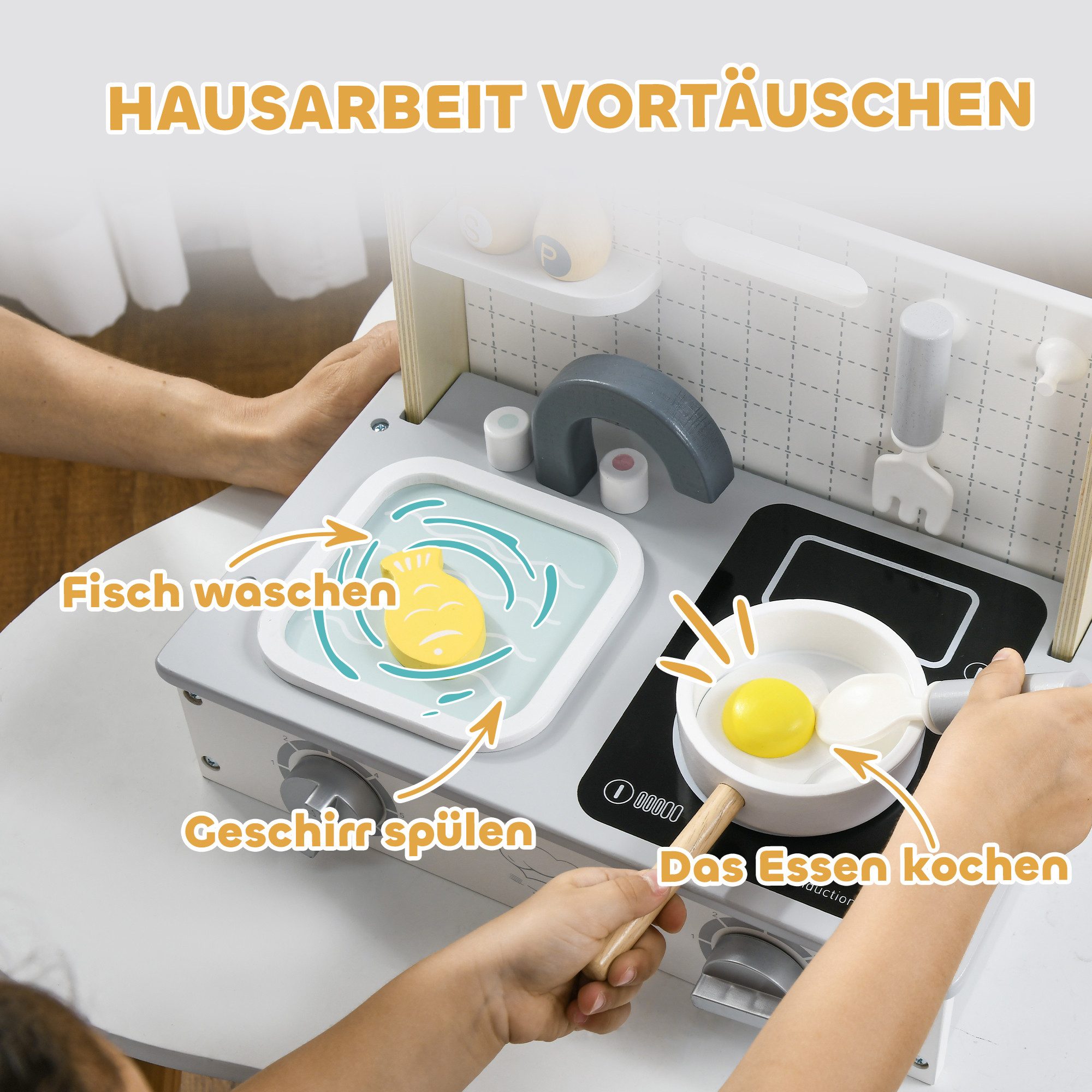 AIYAPLAY Spielküche Matschküche MDF, Mehrschichtplatte, ür Jungen und Mädchen im Alter von 3–5 Jahren