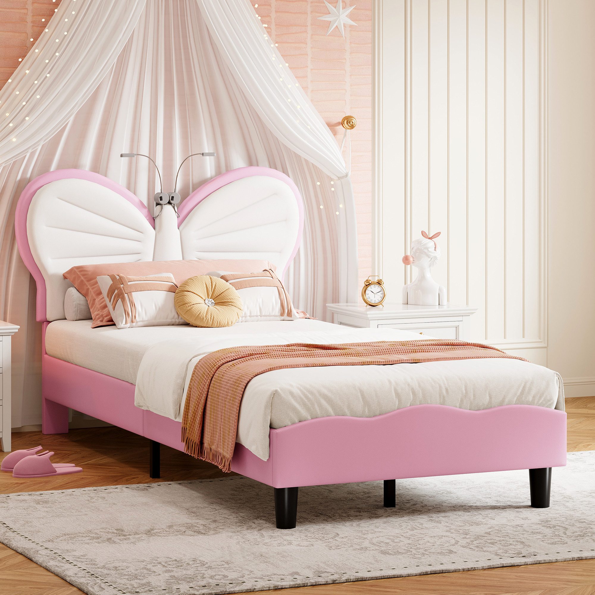 NMCXXO Polsterbett Verspieltes Kinderbett mit Schmetterlingskopfteil, Beque günstig online kaufen