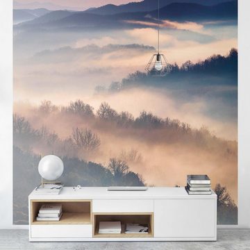 Bilderdepot24 Fototapete Wald Nebel Sonnenuntergang Natur Landschaft Waldtapete Bäume, Glatt, Matt, (Vliestapete inkl. Kleister oder selbstklebend), Wohnzimmer Schlafzimmer Küche Flur Motivtapete Vliestapete Wandtapete