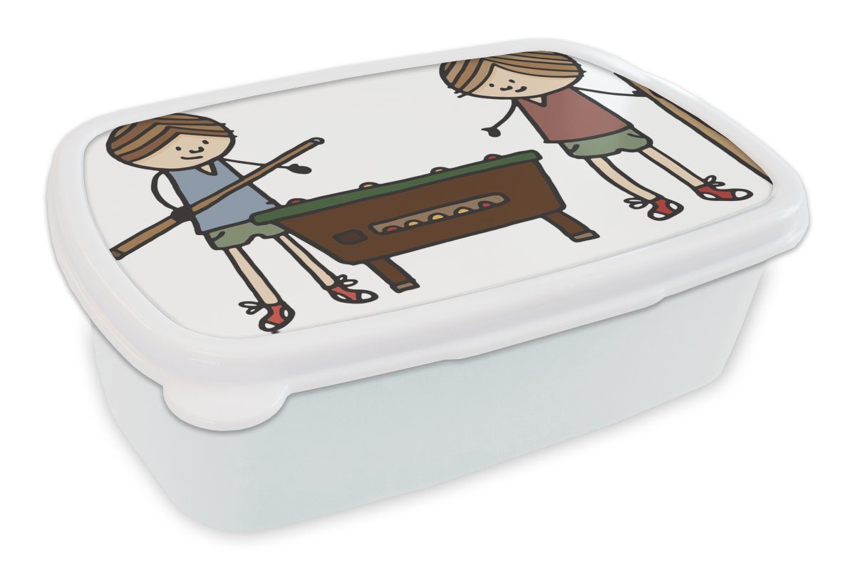 MuchoWow Lunchbox Eine Illustration von zwei Billard spielenden Kindern, Kunststoff, (2-tlg), Brotbox für Kinder und Erwachsene, Brotdose, für Jungs und Mädchen weiß