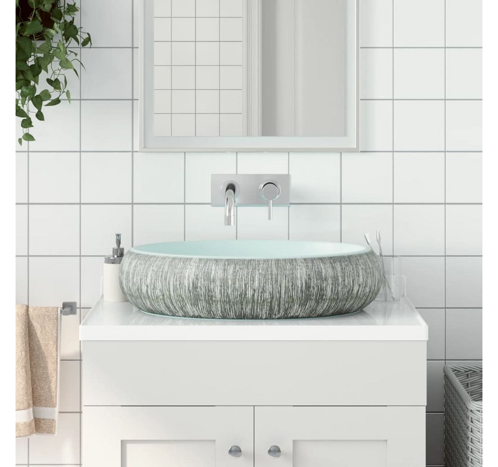 Thumbnail - vidaXL Aufsatzwaschbecken, Waschbecken Grau und Blau Oval 59x40x15 cm Keramik