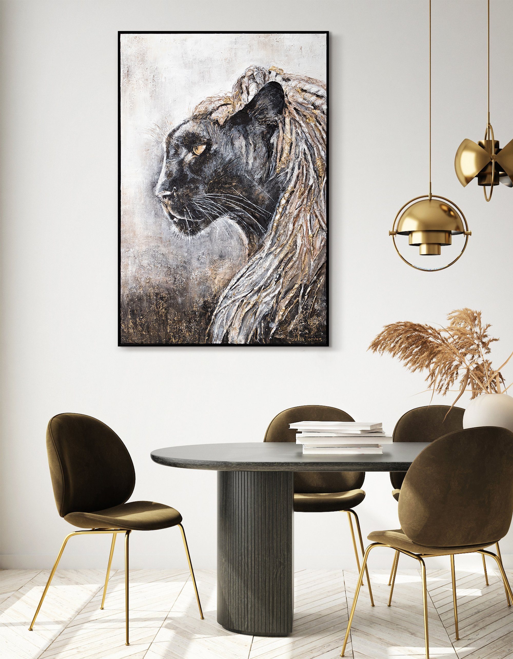 schwarzer Rahmen Baghira, Panther Bild YS-Art Tiere, Gemälde Handgemalt mit Leinwand