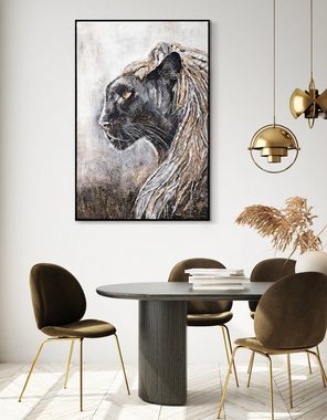 YS-Art Gemälde Baghira, Tiere, Leinwand Bild Handgemalt schwarzer Panther mit Rahmen