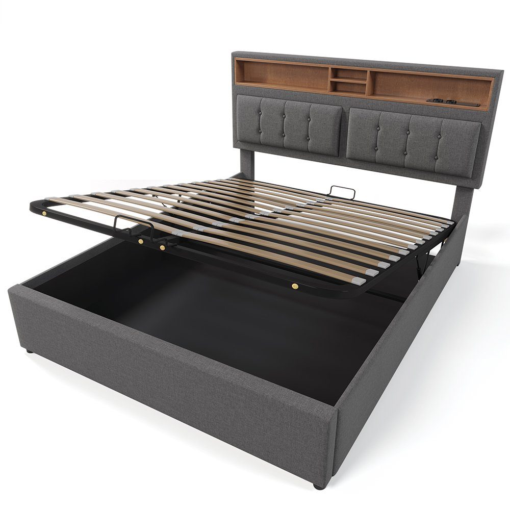 Polsterbett (Hydraulisches Stauraumbett mit Lattenrost), Doppelbett 160x200cm mit USB Typ C Ladefunktion Kopfteil, Leinen