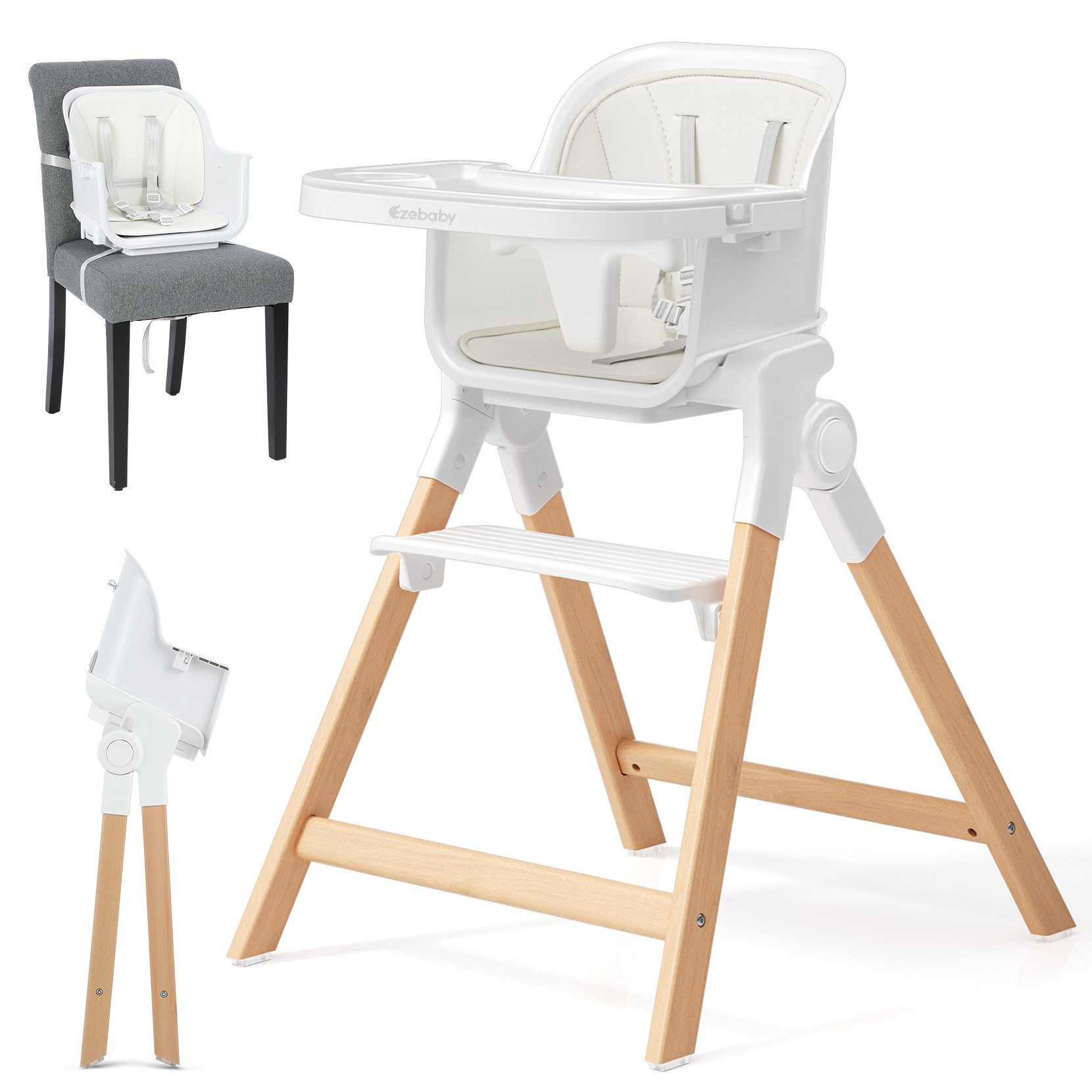 Ezebaby Hochstuhl Hochstuhl mit Holzbeine, Kunstleder Sitz für Kinder ab 6 Monaten, grau