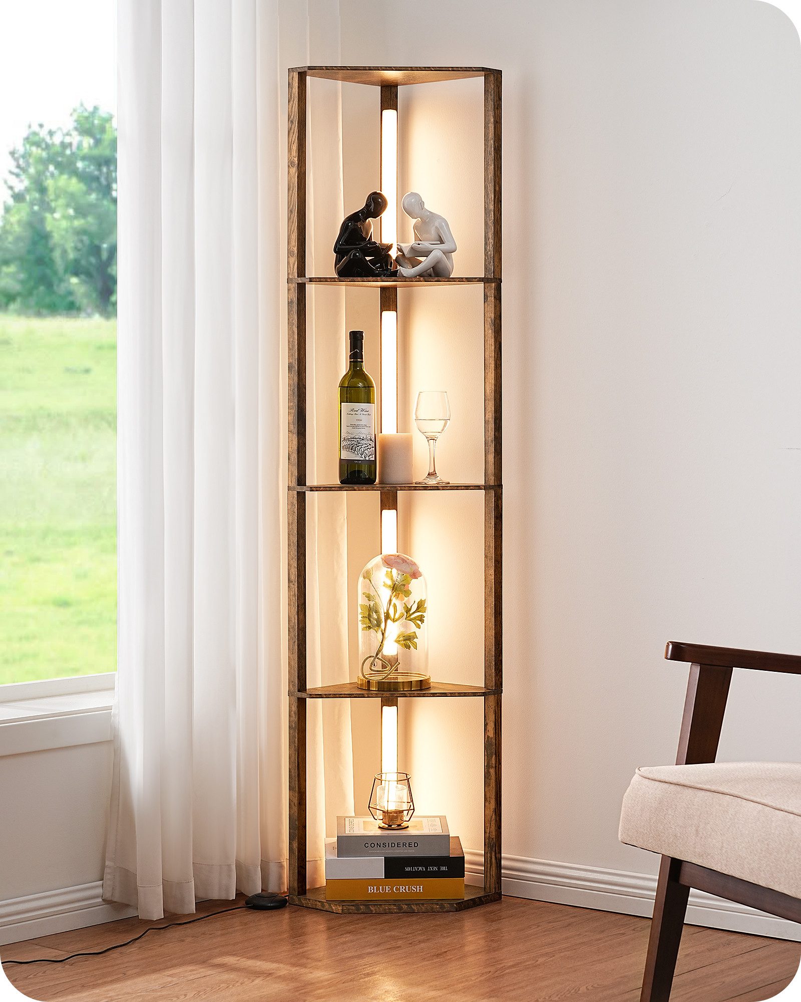 EDISHINE Stehlampe Wohnzimmer Dimmbar, Standleuchte mit Holz-Regal, LED fest integriert, warmweiß, LED Dimmbar Stehleuchte, Eckregal Regalbeleuchtung