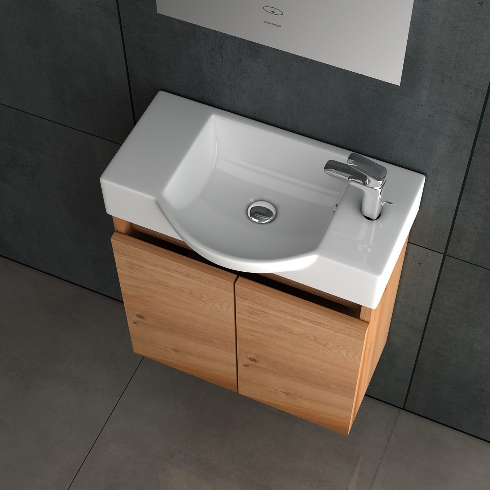 Alpenberger Badezimmer-Set Waschbecken mit Unterschrank hängend klein 55cm breit in Bamboo Optik, (Waschtisch mit Unterschrank schmal, 2-St., Gäste WC Möbel in  – Bild 4 von 5