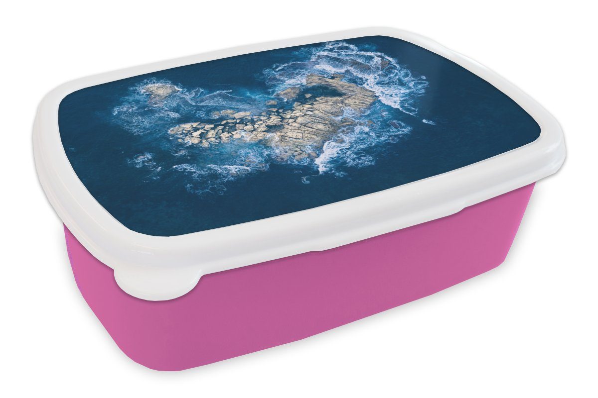 MuchoWow Lunchbox Wellen - Steine - Herz, Kunststoff, (2-tlg), Brotbox für Erwachsene, Brotdose Kinder, Snackbox, Mädchen, Kunststoff rosa