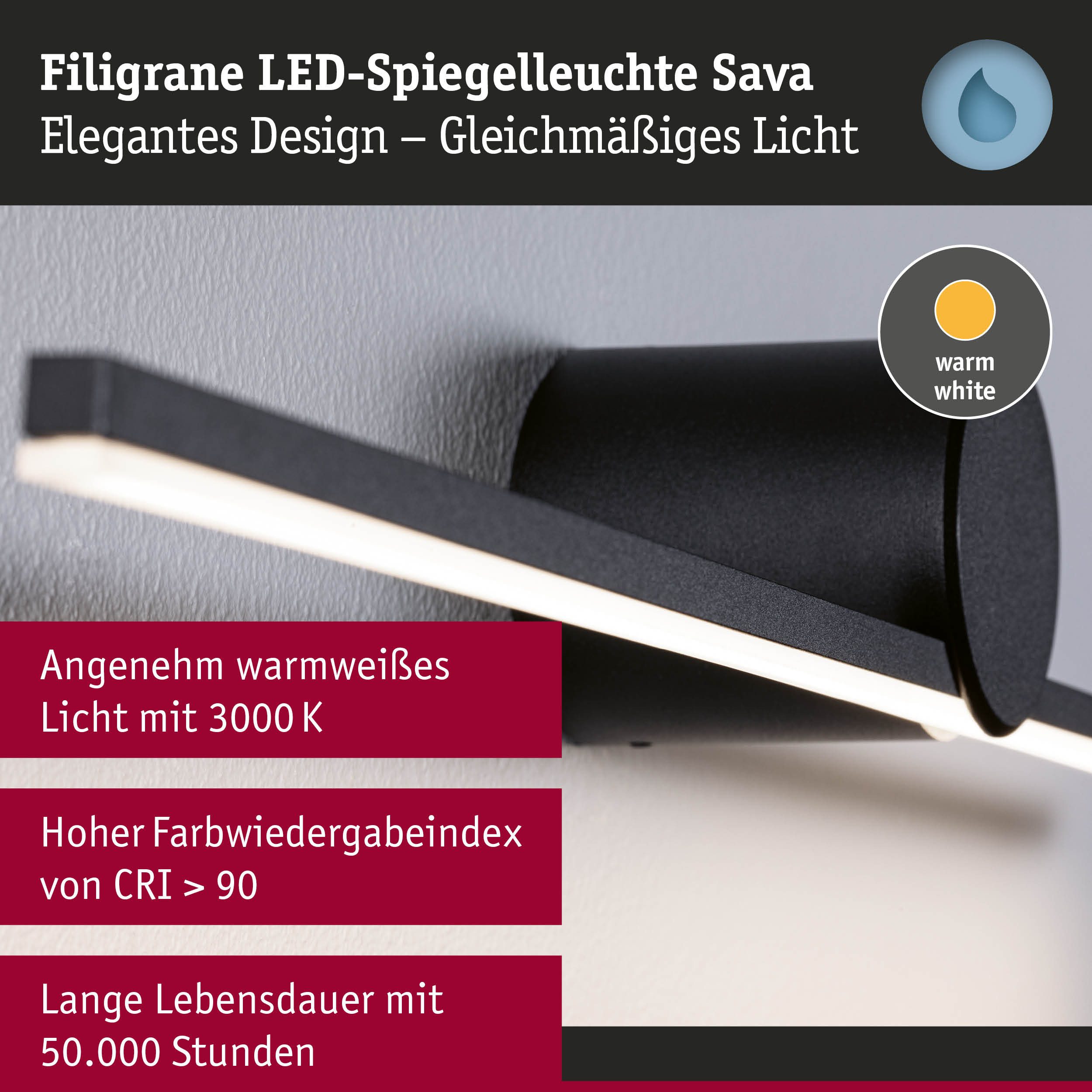 Paulmann LED Spiegelleuchte LED Leuchtspiegel Sava IP44 3000K 230V, LED fest integriert, Warmweiß