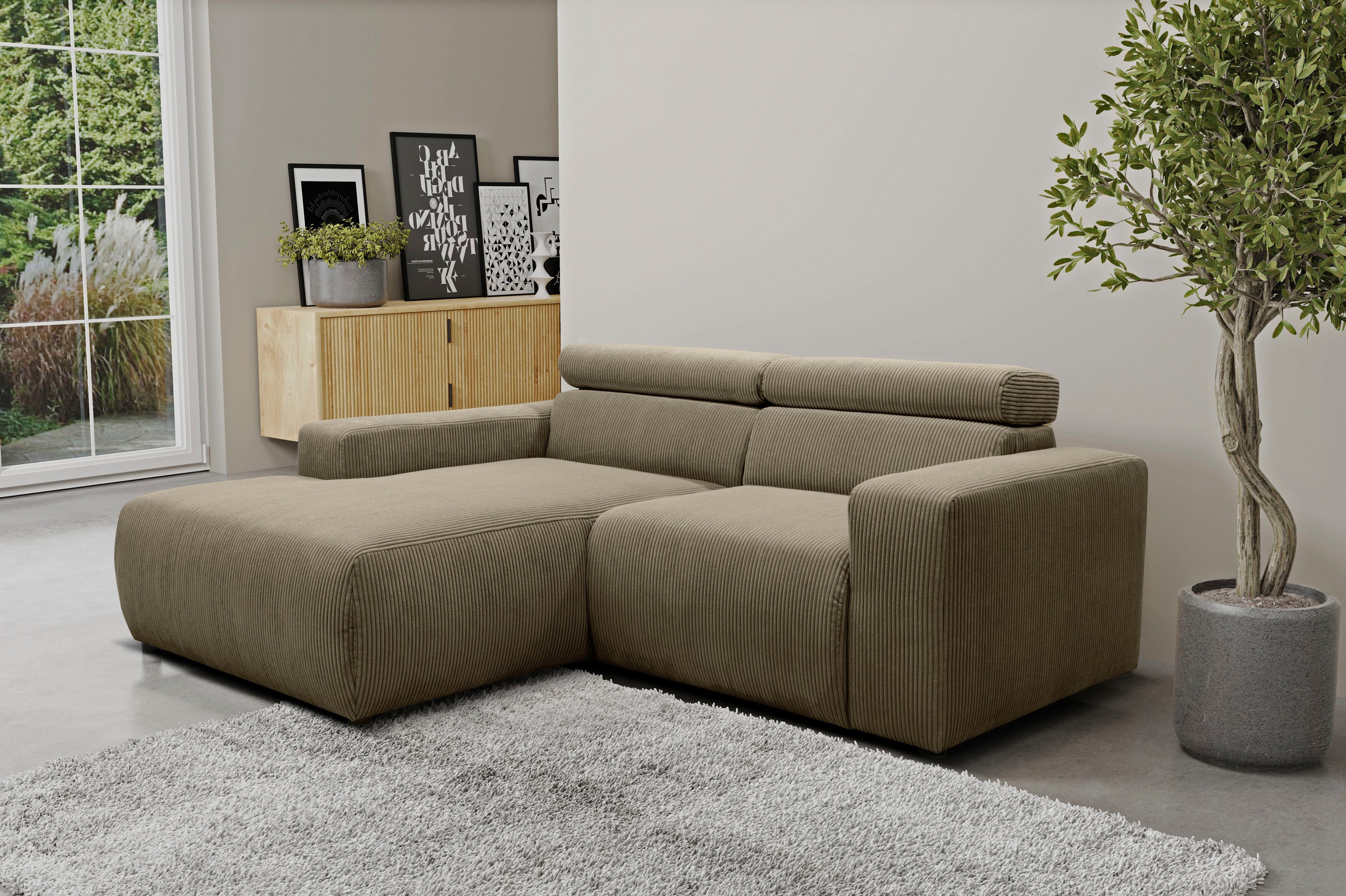 DOMO collection Ecksofa Brandon kleine Ausführung B/T/H: 214/100/80 cm, Mit Kopfteilverstellung, auch in Leder und Cord, L-Form