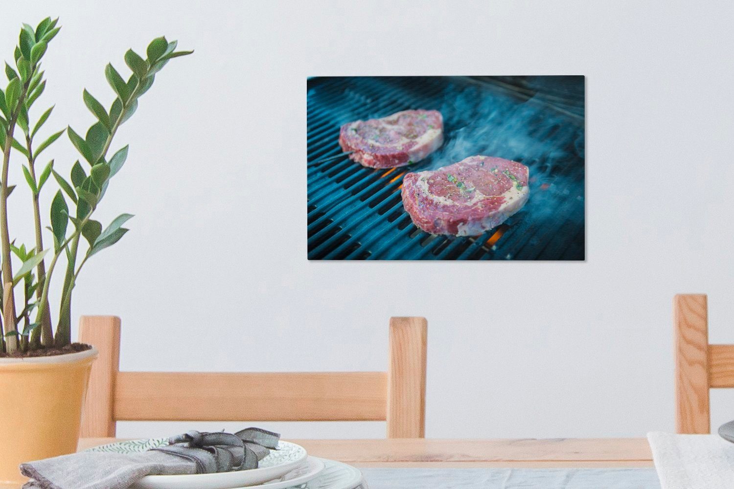 St), Fleisch Wandbild Leinwandbild Wanddeko, OneMillionCanvasses® dem auf 30x20 Grill, (1 Aufhängefertig, Leinwandbilder, cm