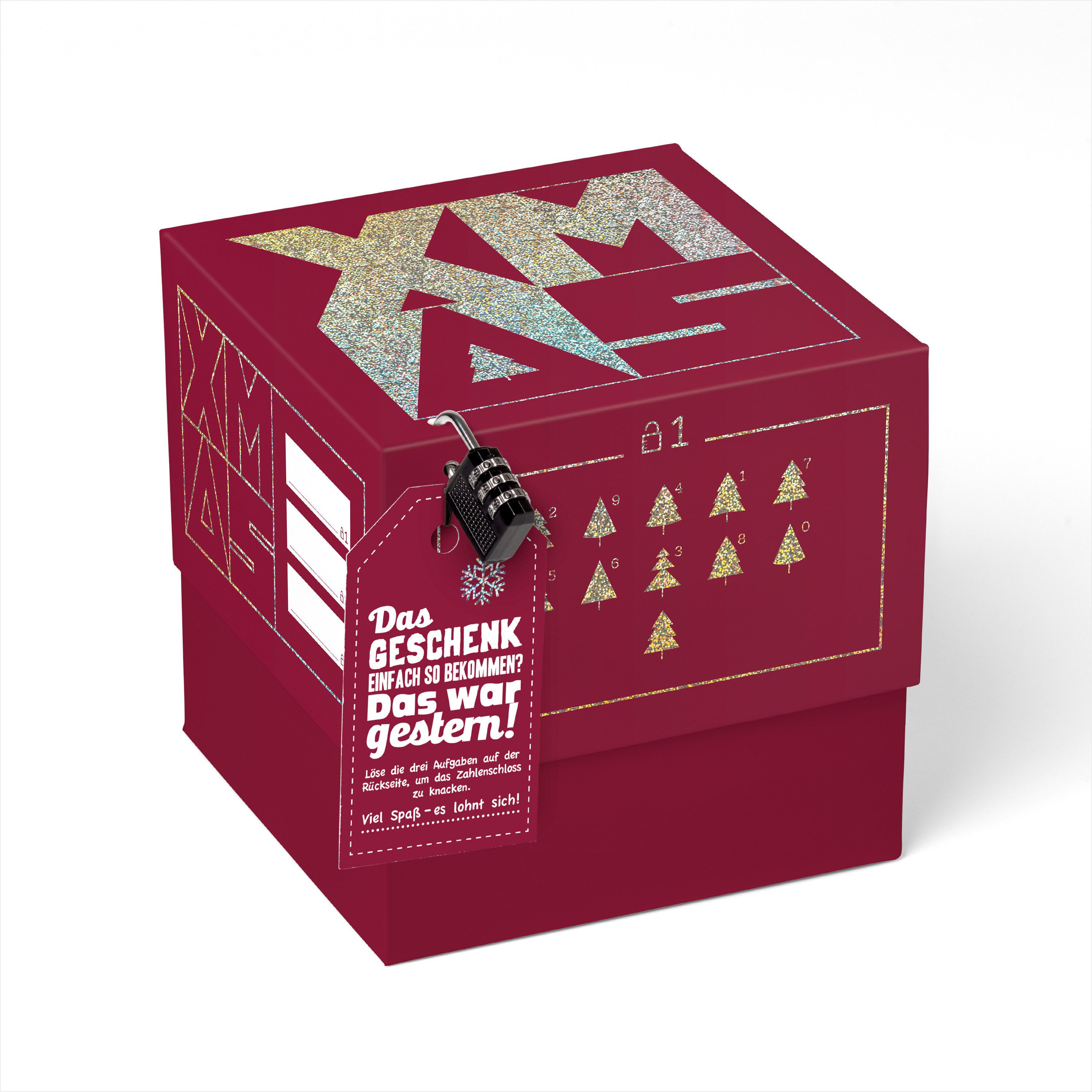 SURPRISA Geschenkbox Geschenkbox Weihnachten, Rätselbox Geldgeschenke oder Gutscheine, Xmas, 20 x 20 x 18,5 cm, Glitzer Rot