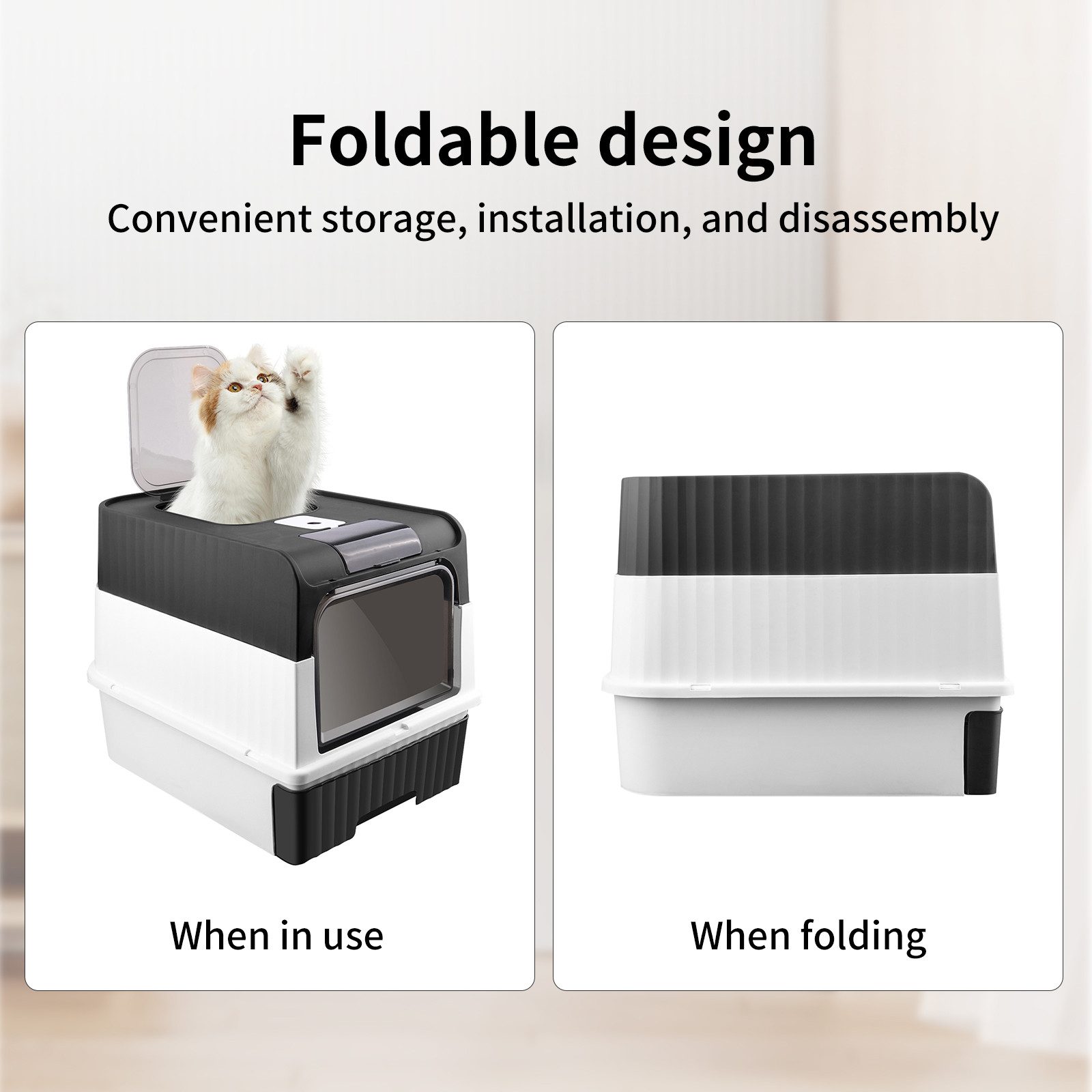 JEOBEST Katzentoilette Katzenklo Faltbare, Katzentoilette, mit Deckel, ausziehbares Tablett, Auslaufsicher, geruchsresistent, Spritzwassergesc (mit Schaufel)