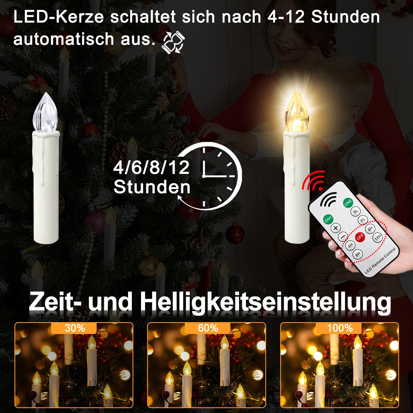 FIVMEN LED-Kerze Weihnachtskerzen mit Haken Kabellos Dimmbar Kerzen mit Fernbedienung, mit Timing-Funktion für Weihnachtsdeko, Weihnachtsbaum – Bild 3 von 5