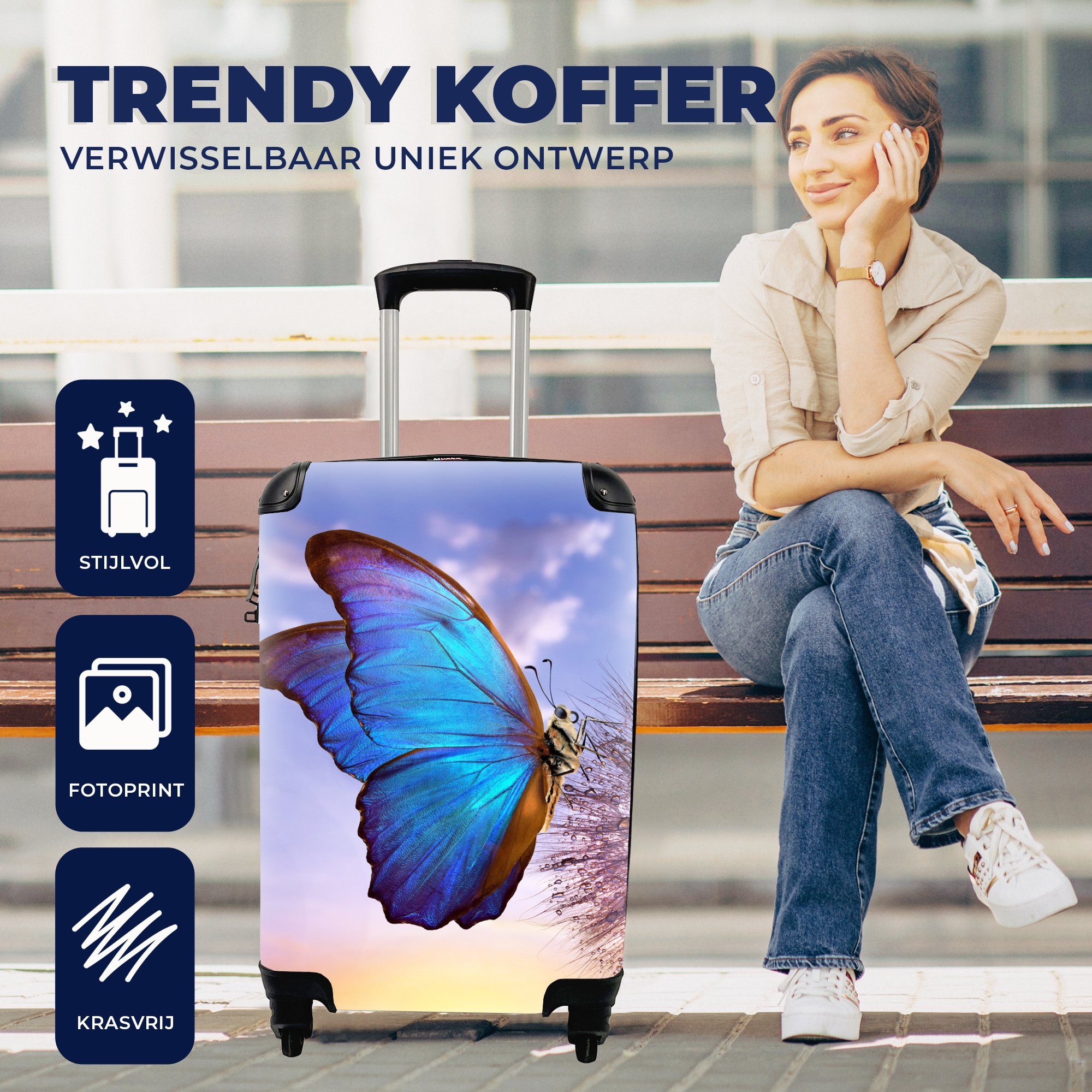 Ferien, Sonnenuntergang Handgepäck - MuchoWow Löwenzahn - Handgepäckkoffer Rollen, für - Trolley, Reisekoffer 4 Schmetterling rollen, mit Blau, Reisetasche