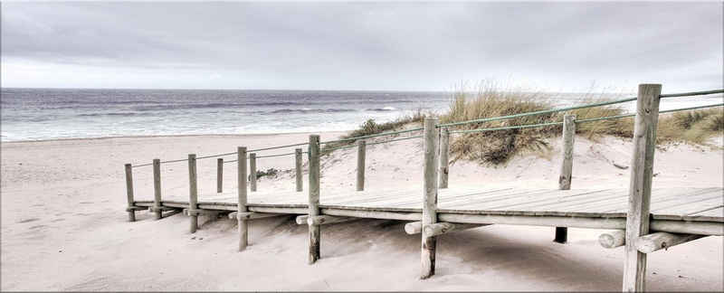 artissimo Glasbild Glasbild XXL 125x50 cm Bild aus Glas Wandbild groß Strand Meer Weg, Strand-Landschaft: Holz-Steg am Meer