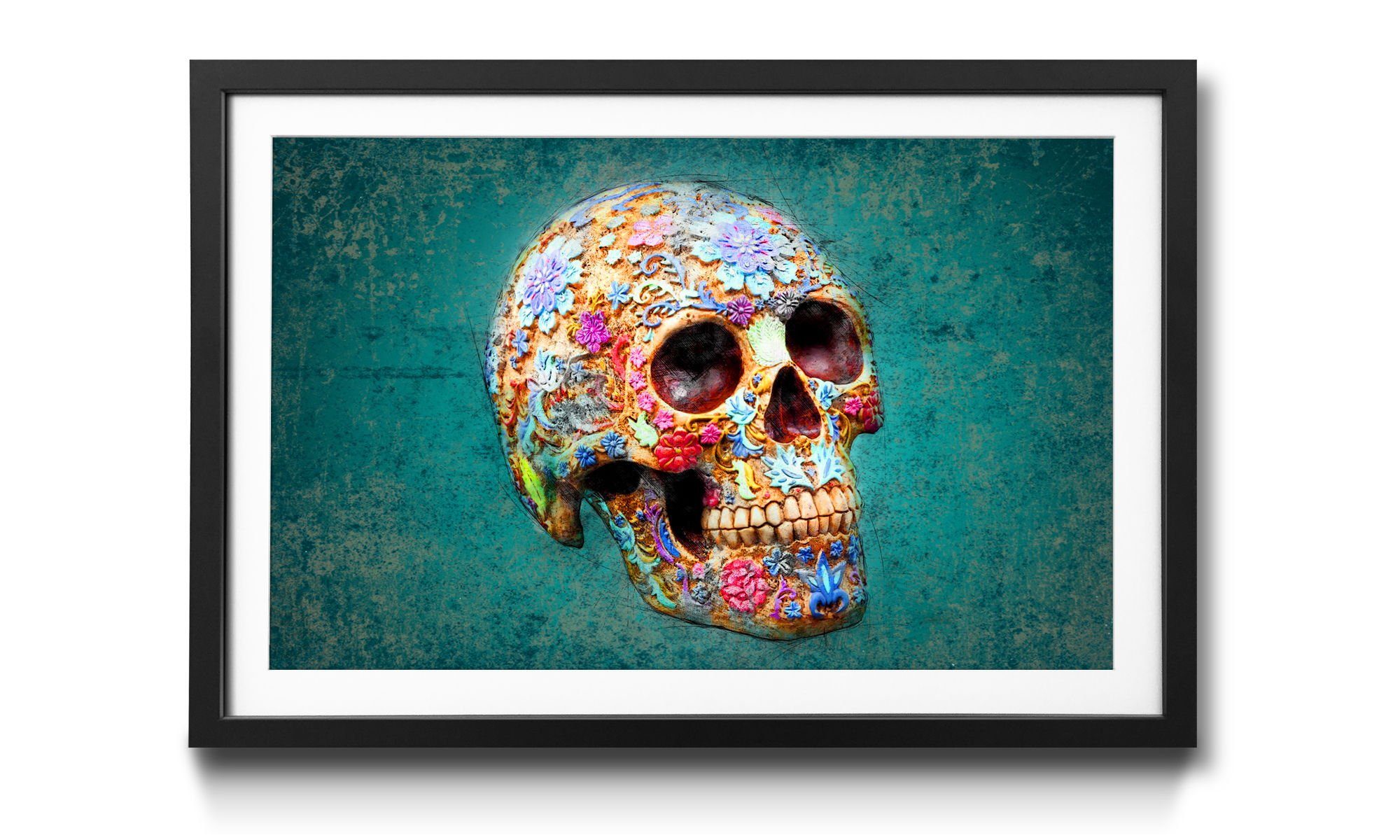 WandbilderXXL Bild mit Rahmen erhältlich Wandbild, And Totenschädel, in 4 Flowers Größen Death