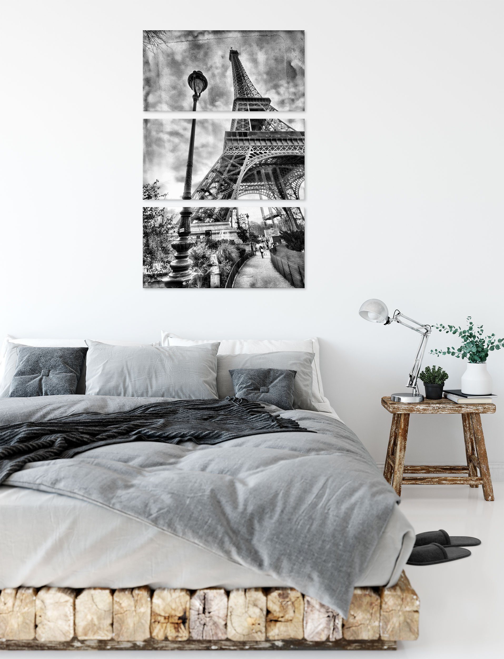 Eifelturm Zackenaufhänger St), 3Teiler Eifelturm Pariser Retro, (120x80cm) Retro Leinwandbild inkl. Leinwandbild Pariser (1 fertig Pixxprint bespannt,