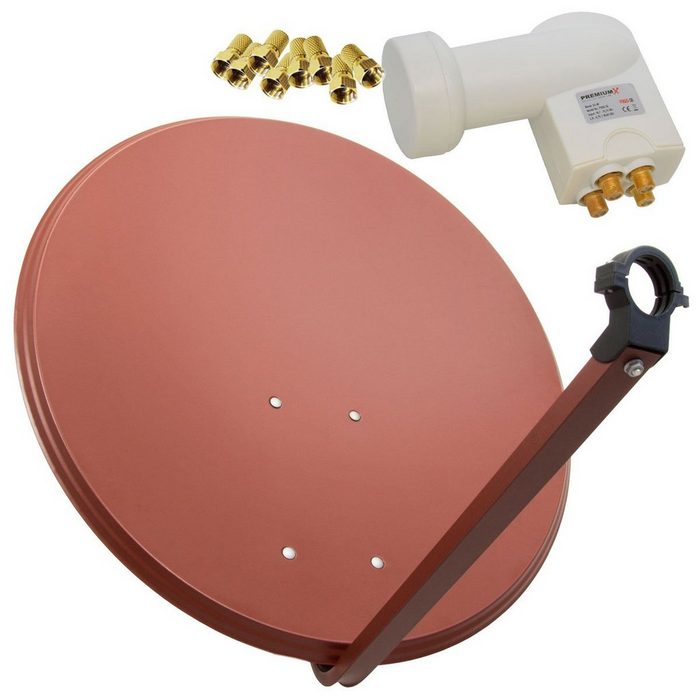 PremiumX Satelliten-Komplettanlage 100cm Satellitenschüssel Aluminium Ziegelrot Antenne Quad LNB 8x F-Stecker SAT bis 4 Receiver SAT-Antenne