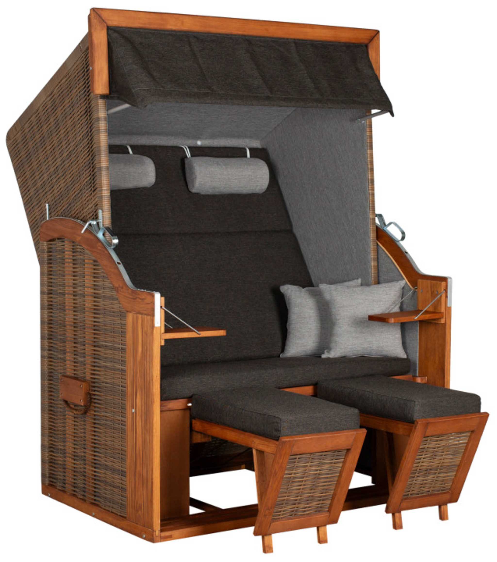 MR.DEKO Strandkorb Tinnum 2-Sitzer Pinie PE griseum, wetterfest, 5 Stufen Verstellbarkeit, BxTxH: 115x92x38 cm, Tinnum, Tinnum, (Selbstmontage, einfacher Aufbau des Vollliegers), 2-Sitzer Strandkorb wetterfest für Terasse und Balkon