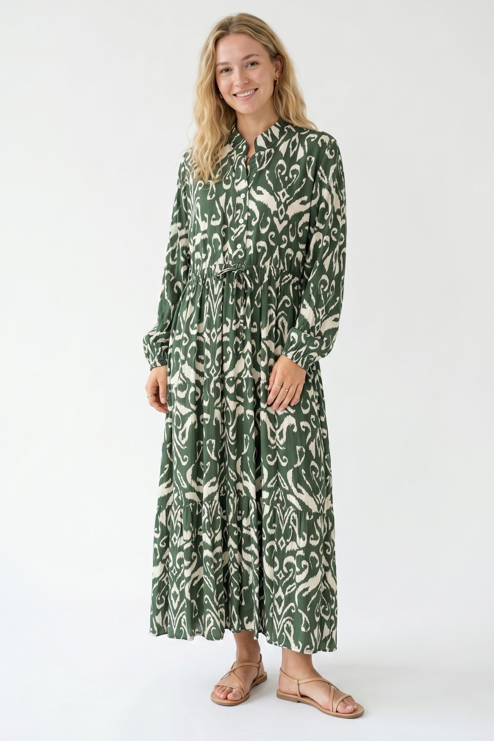 Kendindza Collection Sommerkleid Sommerkleid Damen Lang Viskose Elegantes Maxikleid lang Maxi Kleid Ikat-Print Knopfleiste & Schnurbund, Luftig Leicht