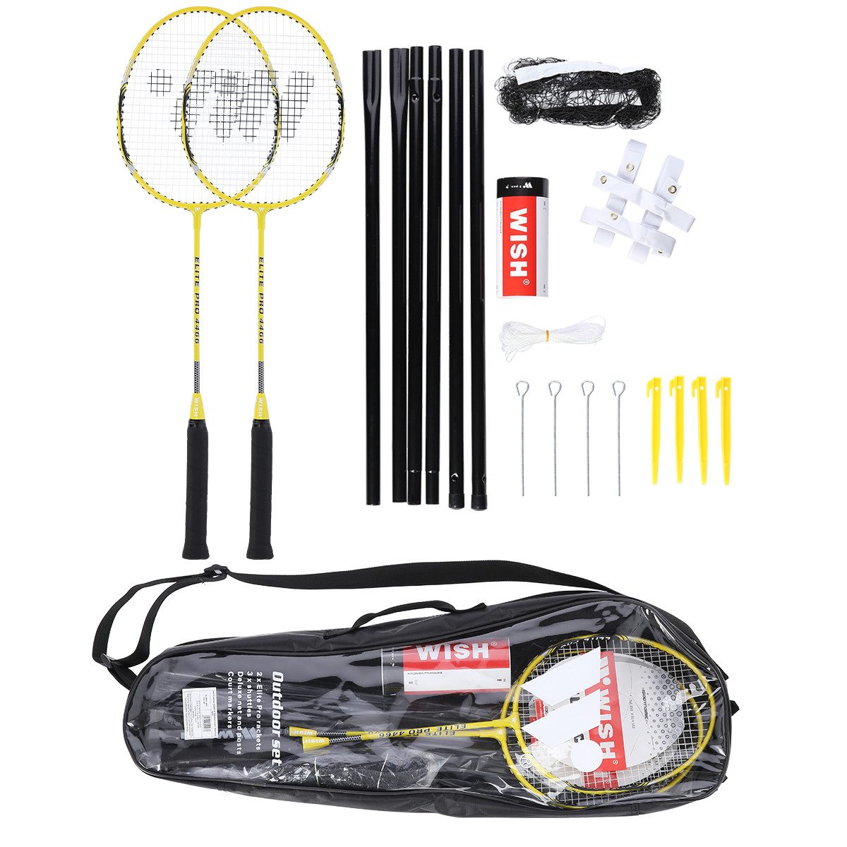 WISH Badmintonschläger Badmintonset Badmintonnetz Federbälle Federball, (Komplettset), Set für 2 Personen mit Netz, Federbällen und Markierungslinien