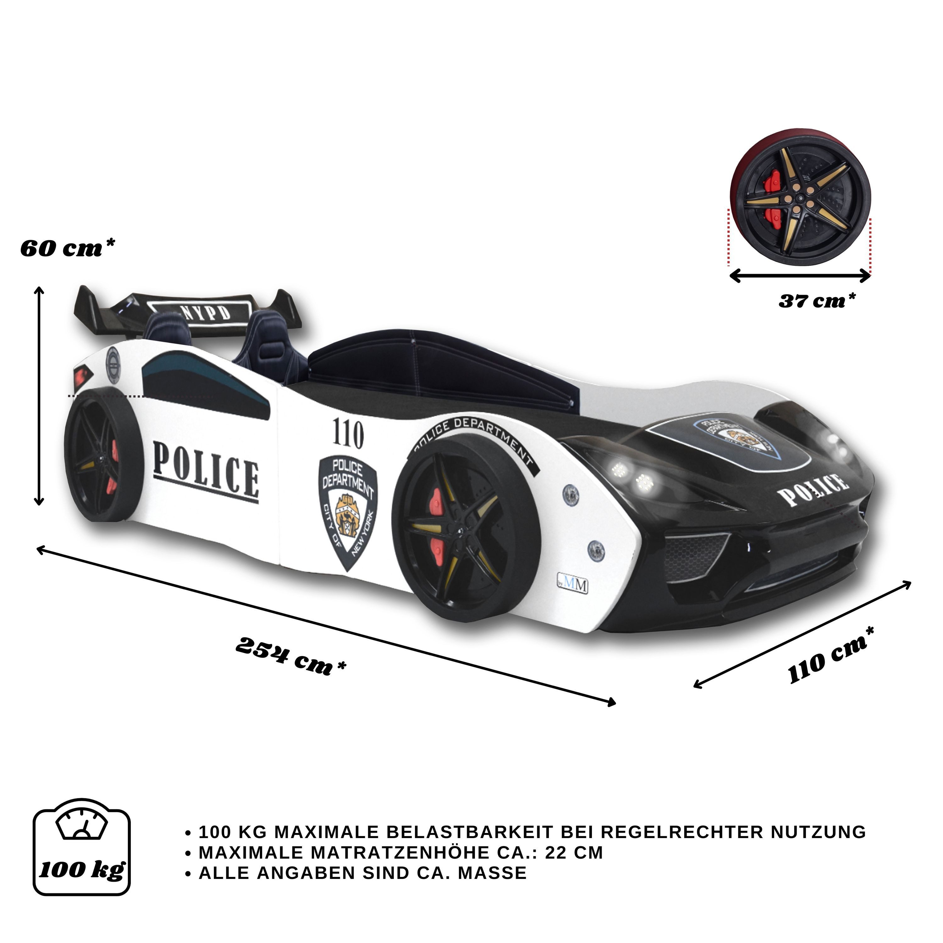 Aileenstore Autobett Police (inkl. Lattenrost LED Licht und Heckspoiler), Kinderbett 90 x 200 cm, Spielbett als Polizeiauto Rennwagenbett