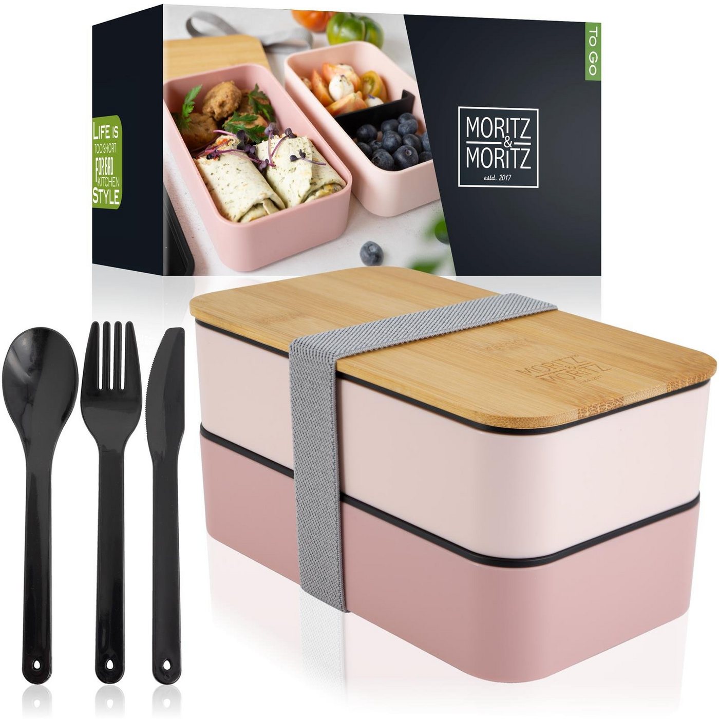 Moritz & Moritz Lunchbox Bento Box, Kunststoff, Bambus, Elasthan, (Set, 10-tlg), Bento Lunchbox für Erwachsene und Kinder - inkl. Besteck-Set