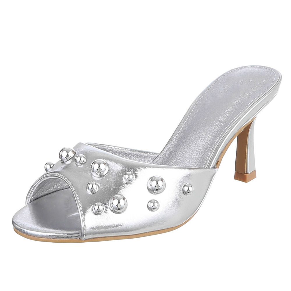 Ital-Design Damen Pantoletten Pumps mit Nieten und Stilettoabsatz Pantolette (91742645) Pfennig-/Stilettoabsatz Sandalen & Sandaletten in Silber
