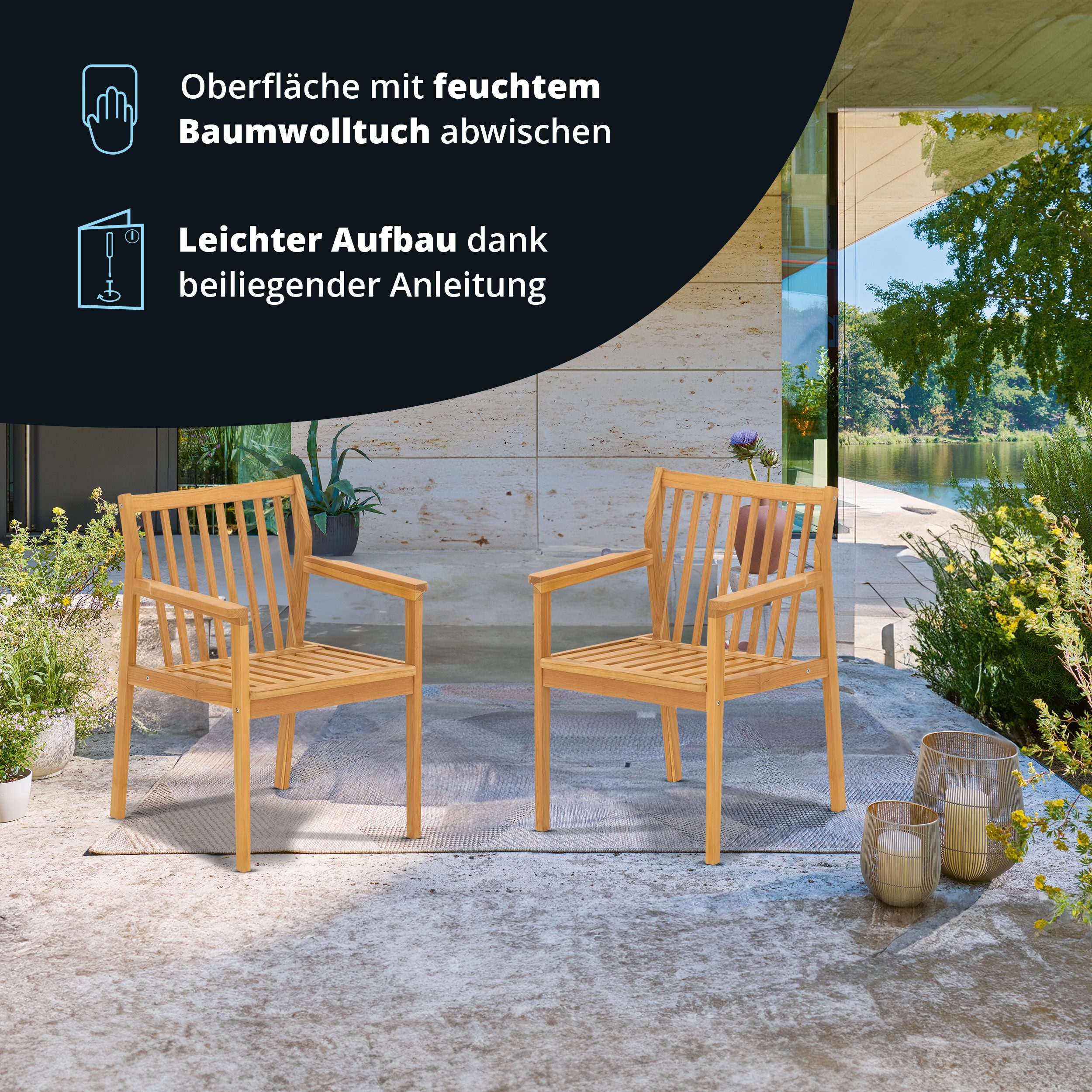 KHG Gartensessel aus Teak-Massivholz, Gartenstuhl mit Armlehnen (Outdoor für Garten, Balkon & Terrasse, 1-St., wetterfest 160 kg belastbar, 60x86x64 cm), Armlehne