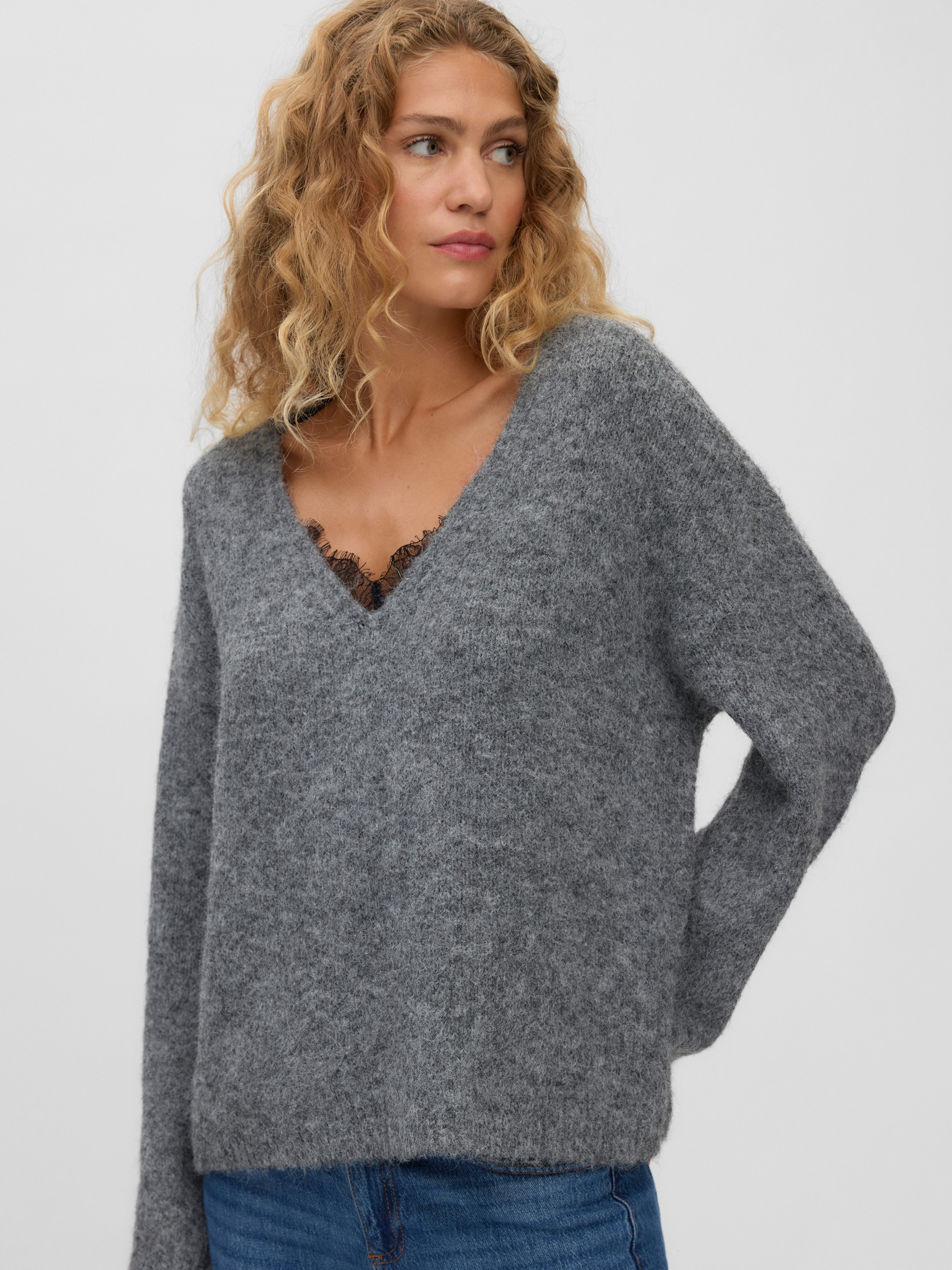 Vero Moda Strickpullover VMBERRY LACE LS V-NECK PULLOVER NOOS Materialmix, regular fit, Spitze
