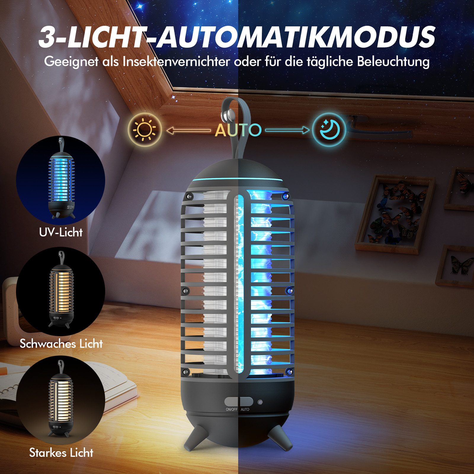 ANYSUN Insektenvernichter Elektrisch, Mückenlampe Mit LED-Licht, 2500mAh Akku Moskito Killer, Fliegenfalle Mückenfalle für Innen, Wasserdicht