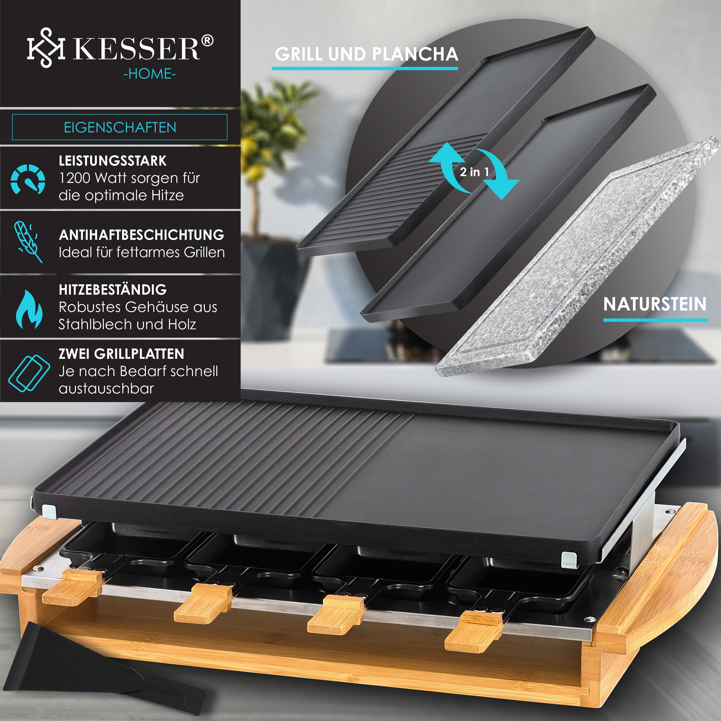 KESSER Raclette, 8 Raclettepfännchen, 1200 W, Raclette-Grill mit Naturgrillstein, Grillplatte Tischgrill