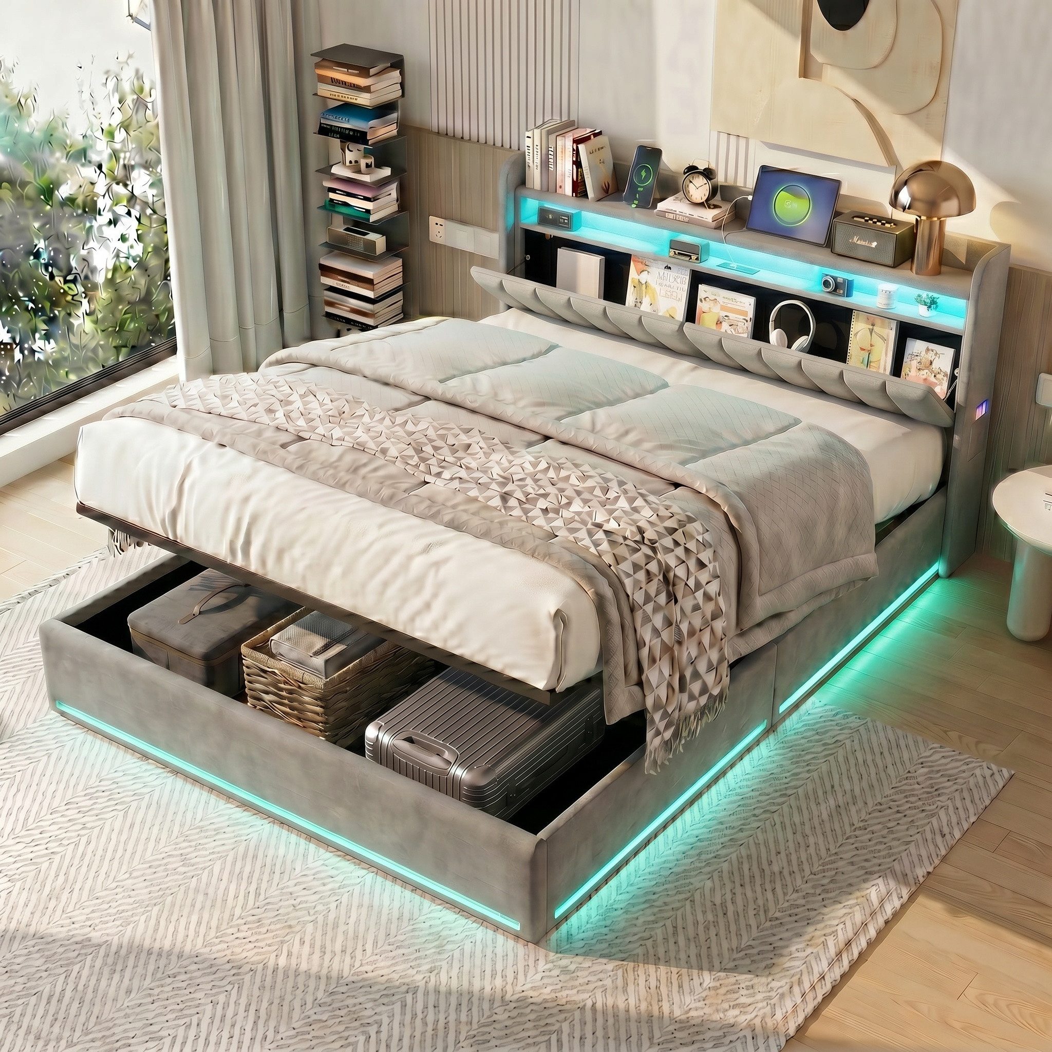 Gdood Polsterbett Stauraumbett Doppelbett LED (1-tlg., Type-C + USB, Hydraulisch hebbarer Stauraum), Mit Bettkasten, LED-Beleuchtung, USB-Anschluss, 140x200 cm