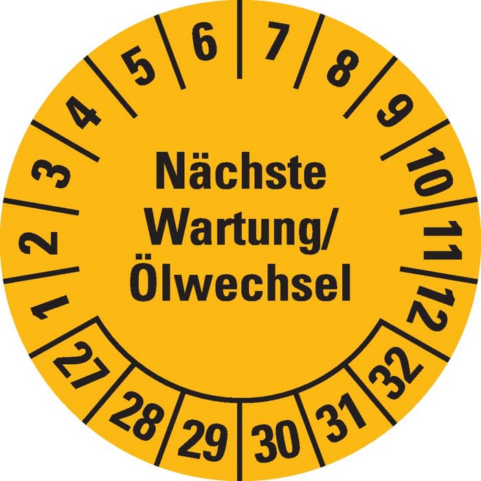 Dreifke Hinweisschild Dreifke® Prüfplakette Nächste Wartung/Ölwechsel 27-32 gelb Dokumentenfolie Ø30mm 18 St/Bogen