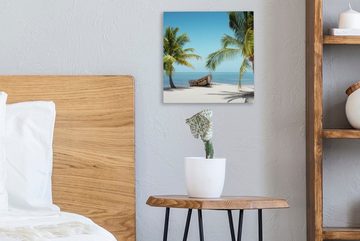 OneMillionCanvasses® Leinwandbild Palme - Boot - Strand, (1 St), Leinwand Bilder für Wohnzimmer Schlafzimmer