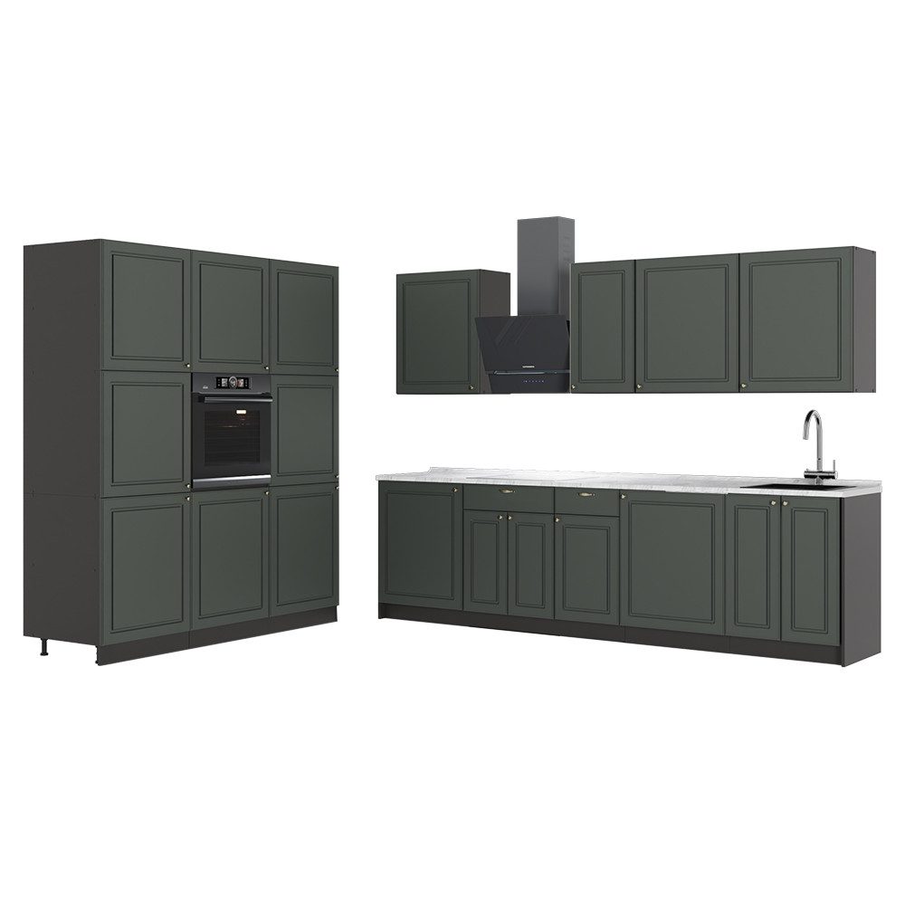 Vicco Küchenzeile Fame-Line, Grün-Gold Landhaus/Anthrazit, 460 cm, AP Marmor