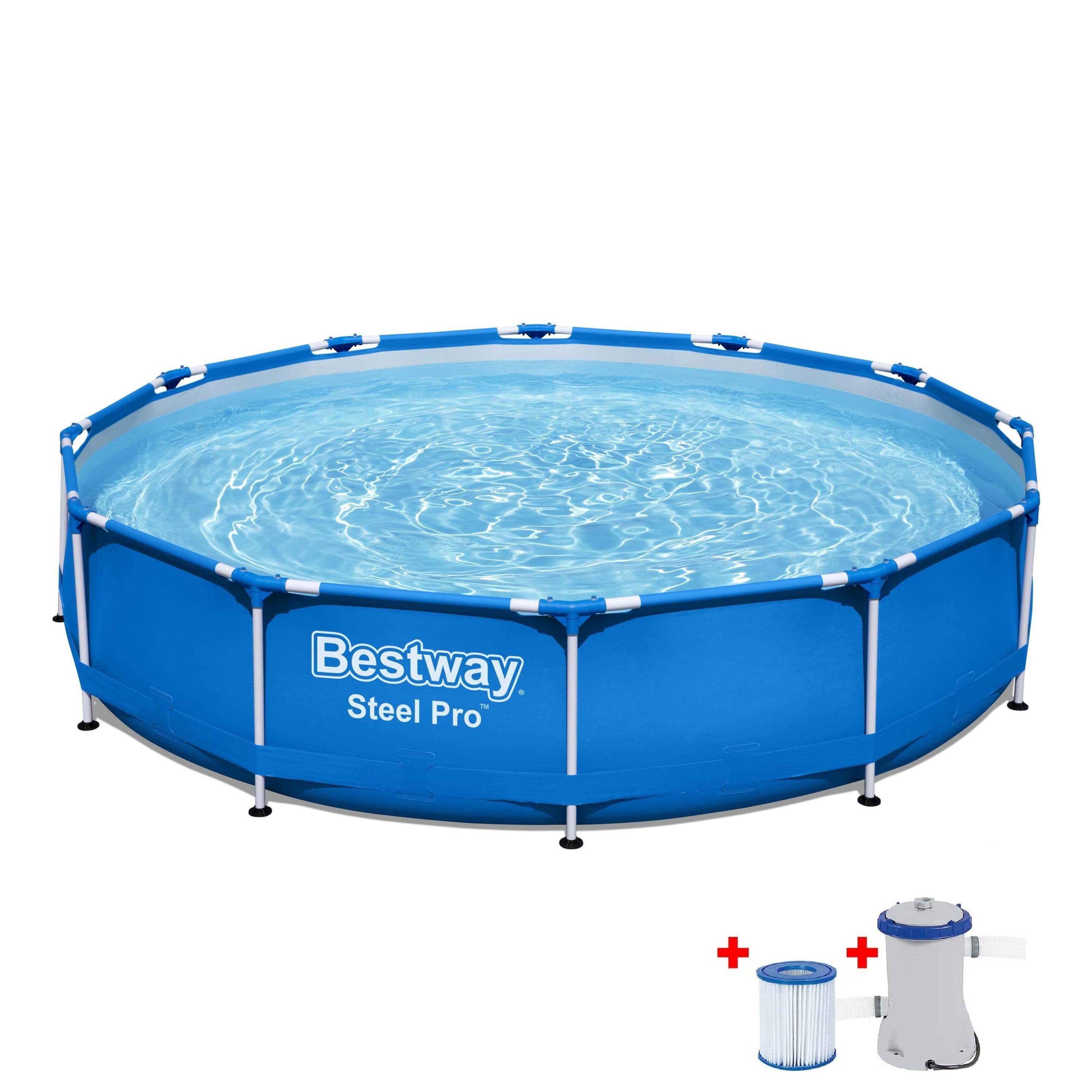 Bestway Framepool Pool Komplettset, Rund, Aufstellpool 305x76cm, Planschbecken (Gartenpool mit Pumpe Set, Gross, Aufstellbecken, Familienpool, Kinderpool), Schwimmbecken für Garten, Stahlrahmen, mit Filterpumpe + Filter