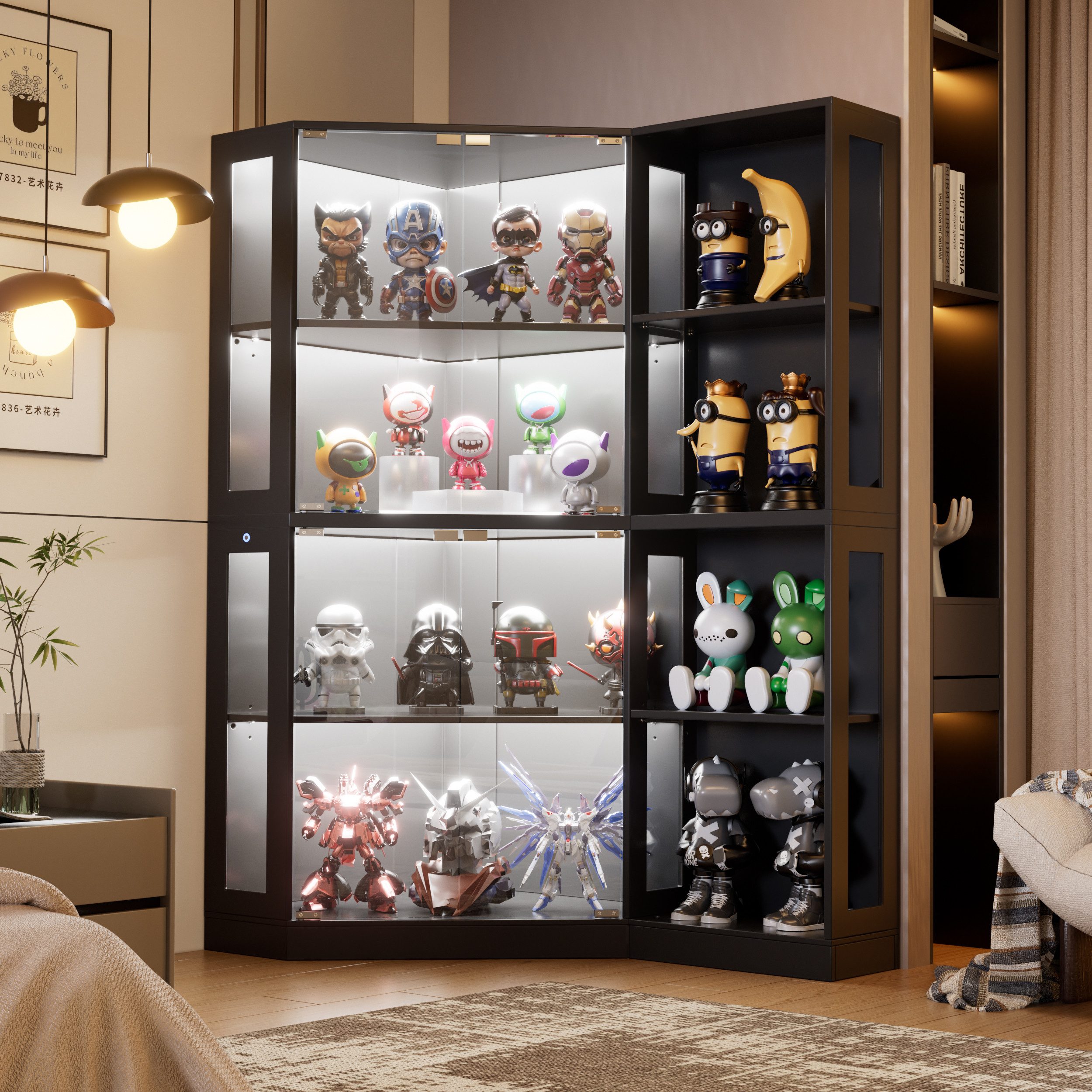 TWSOUL Eckvitrine Glasvitrine 4-stöckiger Eckglasanzeigeschrank mit LED&Offene Regale 165cm, griffloses Design, Hochschrank Bücherregal – Spielzeug, Bücher