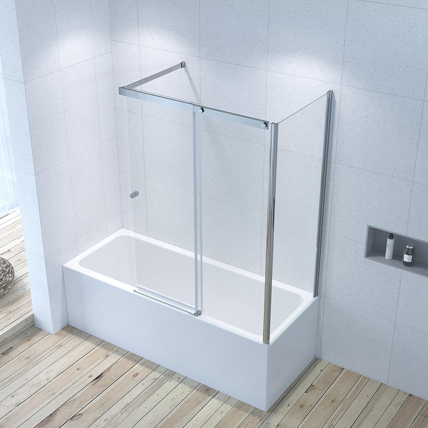 AQUABATOS Badewannenaufsatz Badewannenaufsatz mit Schiebetür 6MM ESG Duschabtrennung für Badewanne, Einscheibensicherheitsglas, Badewannenaufsatz 2-teilig mit Seitenwand Nano Lotus-Effekt, Klarglas