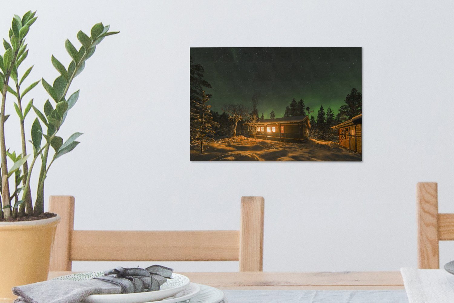 Schweden, Blockhütte St), Aufhängefertig, OneMillionCanvasses® Leinwandbild 30x20 cm Wanddeko, einer Leinwandbilder, in (1 Wandbild Nordlicht in