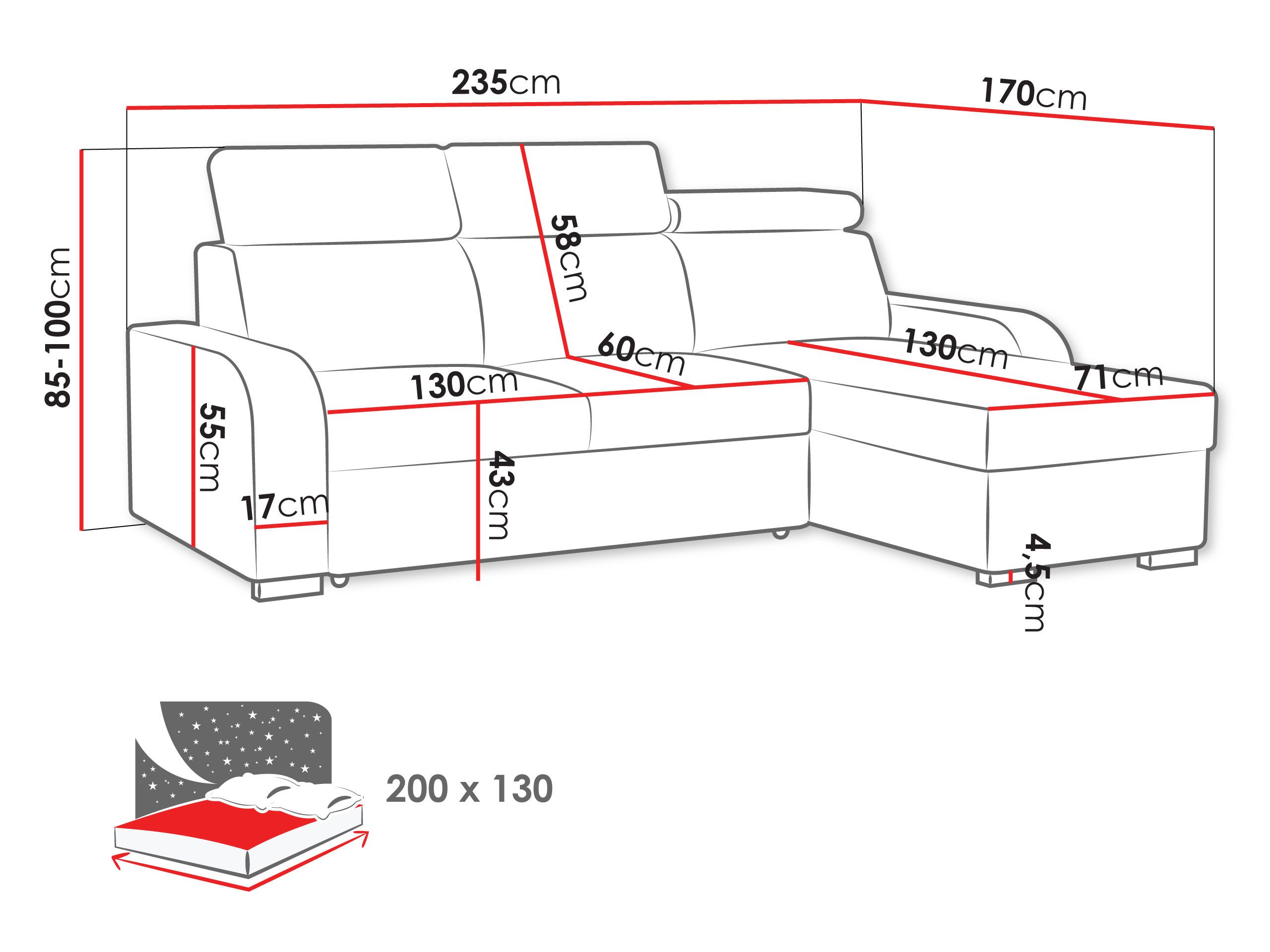 MIRJAN24 Ecksofa Oslo 2rLC, mit Schlaffunktion und Bettkasten, Einstellbare Kopfstützen, 235x170x85-100 cm