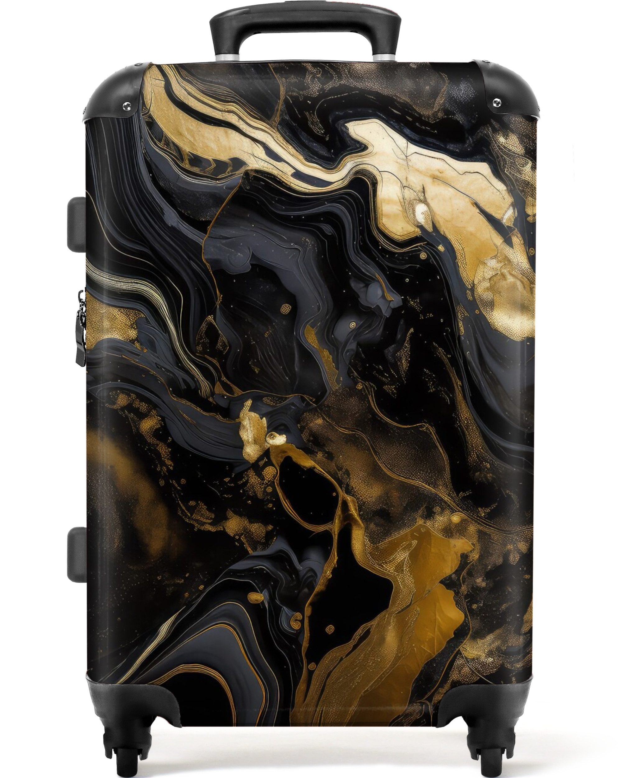 NoBoringSuitcases.com© Hartschalen-Trolley mit leuchtende Räder - Marmor - Gold - Luxus - Schwarz - Marmoroptik 6, 4 Rollen, Koffer Mittelgroß für 20kg, Suitcase für Erwachsene, Reisekoffer