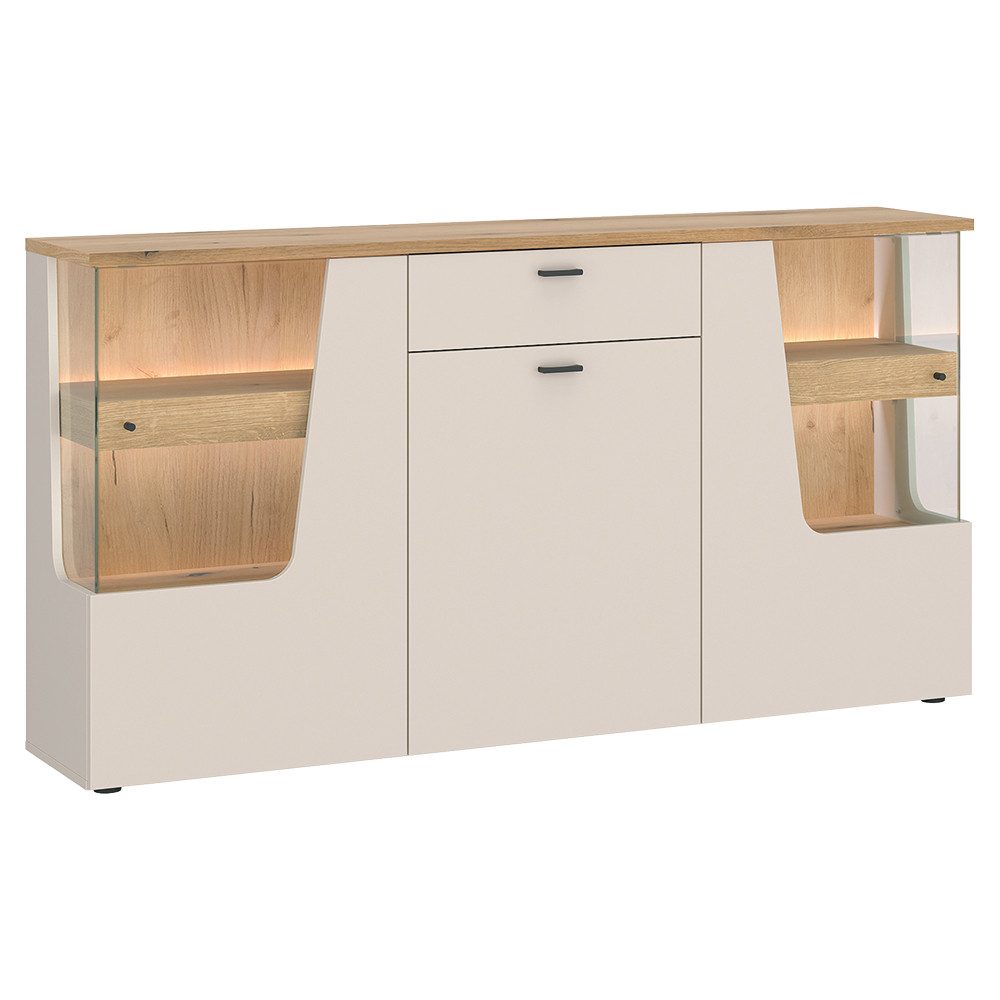 Lomadox Esszimmer-Set CARMONA-129, (Spar-Set, 3-St., Sideboard Vitrine Wandregal), in kaschmir und Eiche, inkl. LED-Beleuchtung