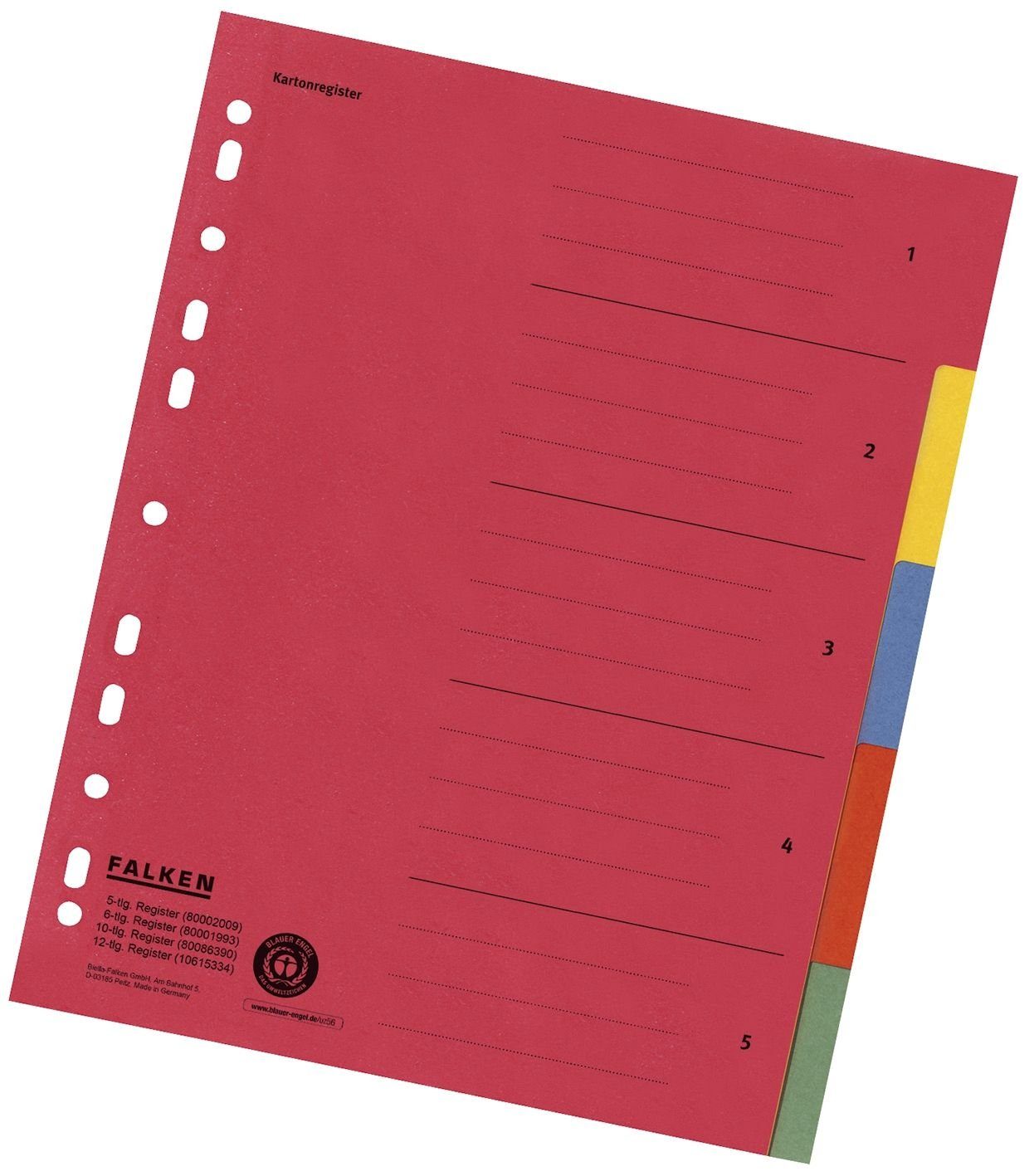 Falken Aktenordner Zahlenregister - 1-5, Karton farbig, A4, 5 Farben, gelocht mit Orgadru