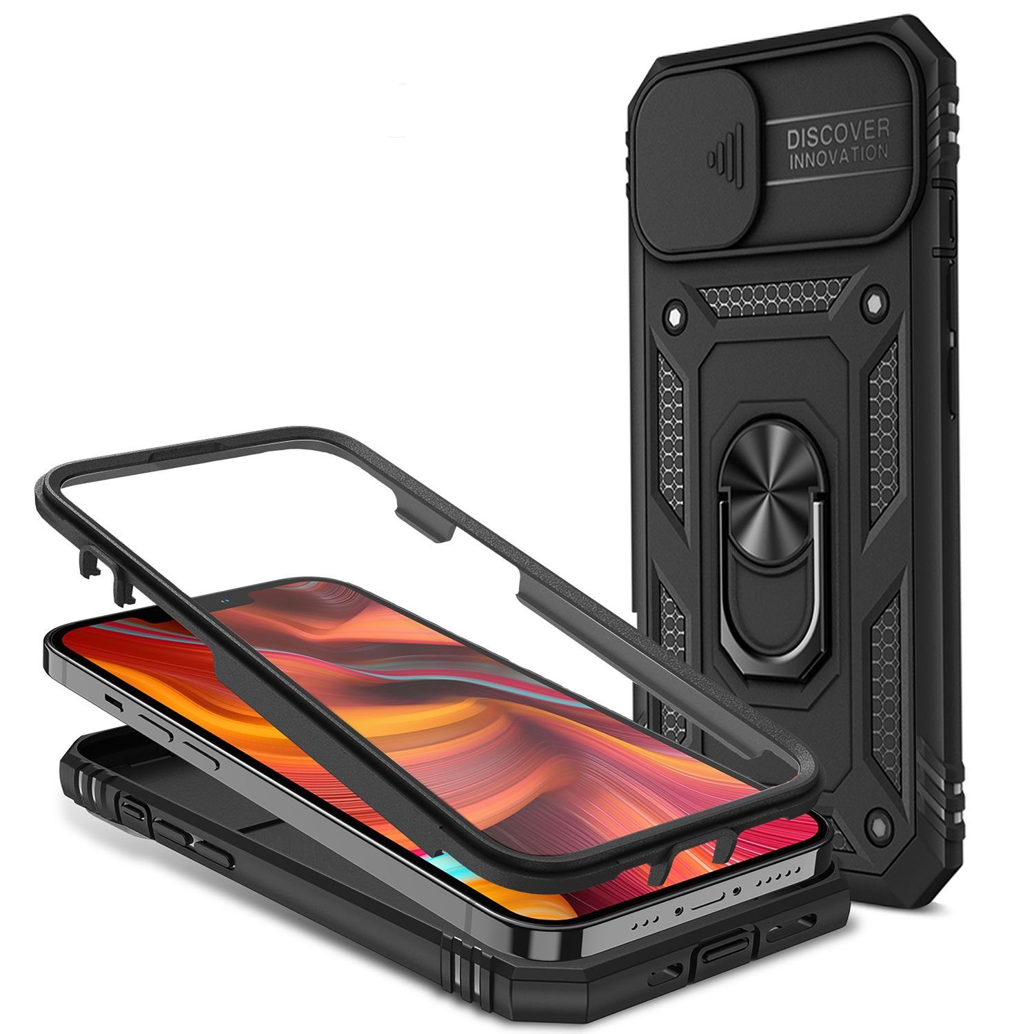 Nalia Smartphone-Hülle Apple iPhone 13 Mini 13,7 cm (5,4 Zoll), Outdoor Military-Style Ring Hülle / Kamera-Abdeckung & Display-Rahmen