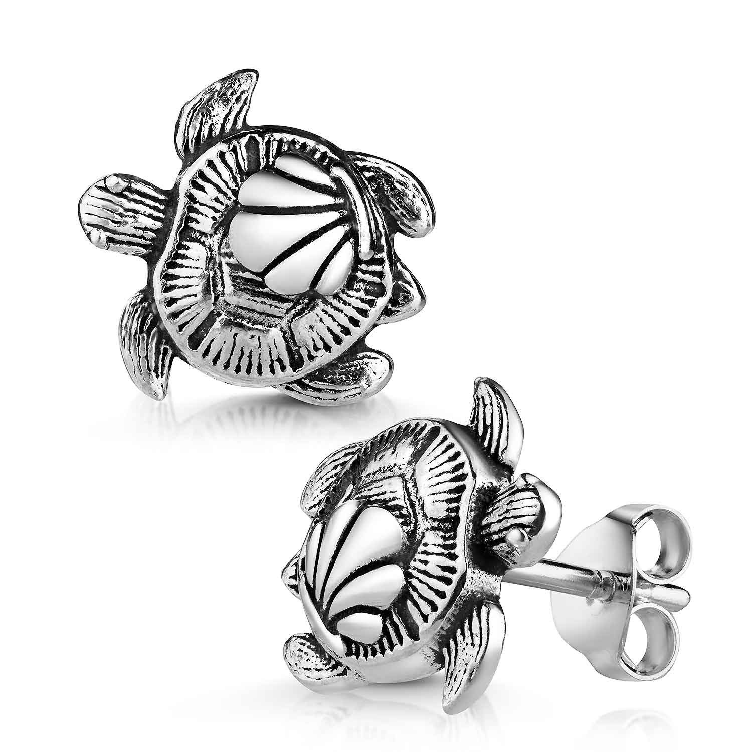 Materia Paar Ohrstecker Schildkröte Turtle mit Muschel antik geschwärzt SO-151, 925 Sterling Silber