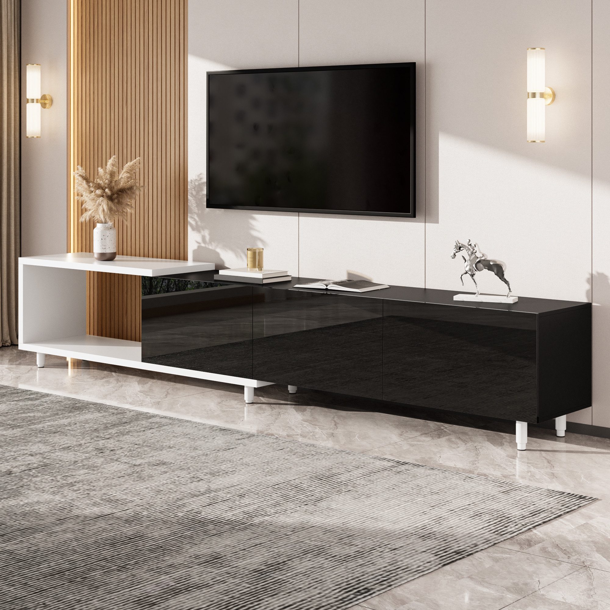OKWISH Lowboard Ausziehbarer TV-Schrank 258x38x48,5 cm (Packung, 1 St., modernes Design, viel Stauraum, Metallfüße), mit 3 Hochglanz-Türen & leisen Scharnieren